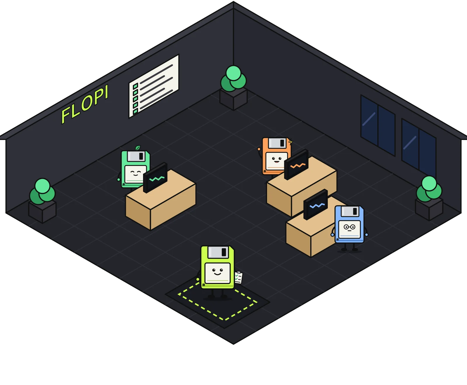 Flopi office: four floppy-disk characters at their desks, with a board of ticked limits on the wall